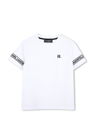 T-shirt blanc à manches courtes avec texte noir "Karl Lagerfeld" sur les bandes des manches et petit logo noir sur la poitrine gauche.