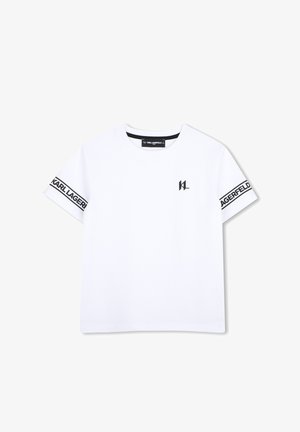 Wit T-shirt met korte mouwen met zwarte "Karl Lagerfeld" tekst op de mouwbanden en klein zwart logo op de linkerborst.