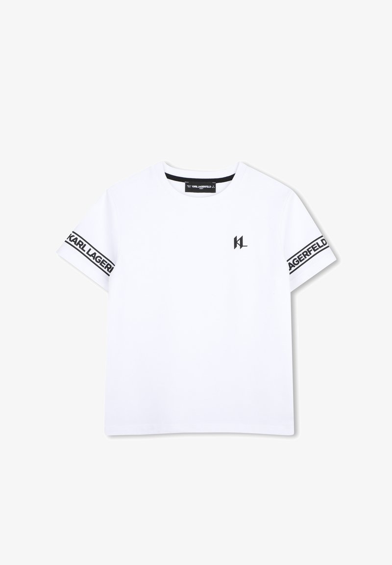 T-shirt blanc à manches courtes avec texte noir "Karl Lagerfeld" sur les bandes des manches et petit logo noir sur la poitrine gauche.