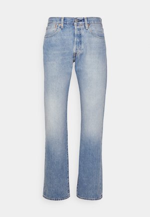 Jeans en denim bleu clair avec une coupe droite, cinq poches, quincaillerie en métal et un léger délavage. L'ourlet est légèrement effiloché.