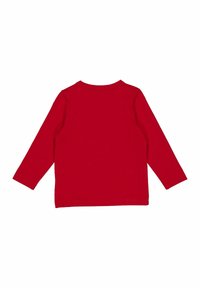 Červené tričko s dlouhým rukávem vyrobené z měkké látky. Má kulatý výstřih a rypsovou strukturu. Nebyly zaznamenány žádné vzory ani další akcenty.