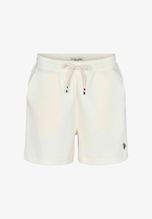 Fehér, rugalmas derékpántos rövidnadrág húzózsinórral, oldalzsebekkel és kis, fekete hímzett logóval a bal lábszár szélén.