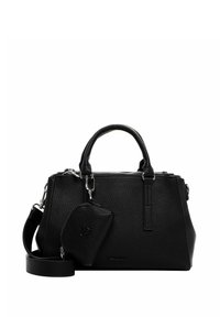 Svart läderhandväska med pebblad textur, dubbla handtag på toppen, avtagbar axelrem och en liten matchande påse fäst.