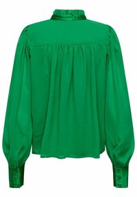 Blusa verde con un design a raccolto nella parte posteriore, maniche lunghe e polsini con bottoni. Realizzata in un materiale liscio e leggero con colletto arruffato.
