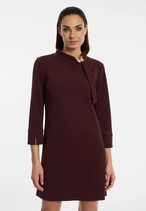 Woman wearing a dark purple, long-sleeved dress with a high collar and a gold floral brooch near the neck.