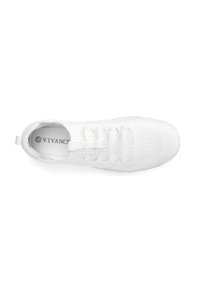 White athletic shoe with a breathable mesh upper, rounded toe, and lace-up front. Features a textured sole and logo branding inside.