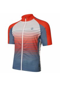 Jersey de ciclismo de manga corta con rayas horizontales rojas y azules, cremallera completa, cuello alto y tejido transpirable. Logotipo en el lado izquierdo del pecho.