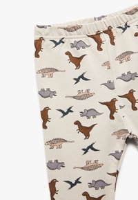 Lichtbeige leggings met verschillende dinosaurustransformaties in bruin, grijs en zwart. Voorzien van een elastische tailleband en zacht, rekbaar materiaal.