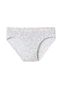 Bikini-Höschen mit Blumenmuster in Hellgrün und rosa Akzenten; aus weichem Stoff, mit mittelhohem Schnitt und elastischem Bund.