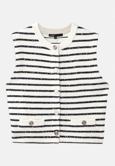 Ριγωτό γιλέκο σε λευκό και ναυτικό μπλε, από πλεκτό ύφασμα με λαμπερά παγιέτες, με στρογγυλή λαιμόκοψη, κλείσιμο με κουμπί και μπροστινές τσέπες.