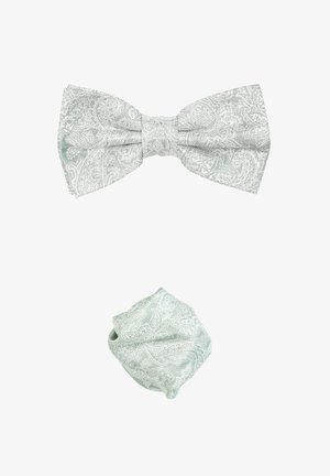 Hellgrün gemusterte Fliege mit Paisleymotiv und ein passendes Einstecktuch, beide aus strukturierter Stoff mit einem symmetrischen Design.