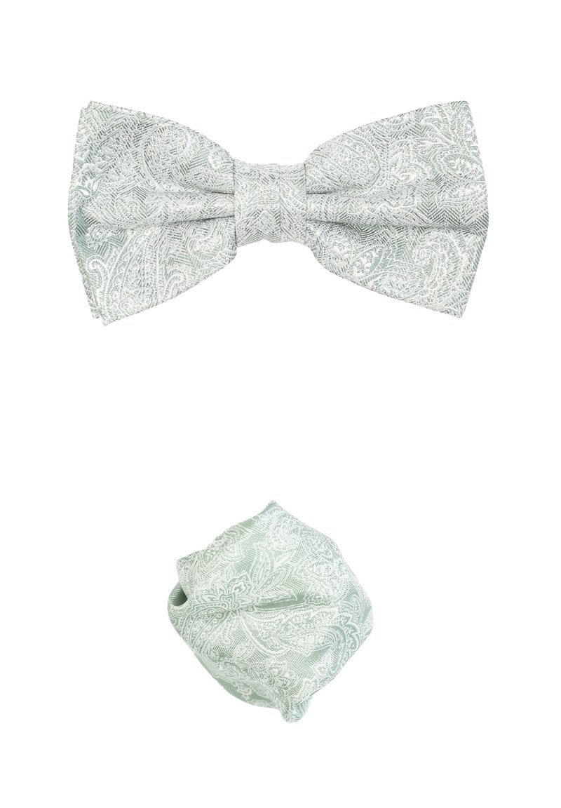 Light green paisley-patterned bow tie with a matching pocket square, both featuring intricate textured fabric and a symmetrical design.