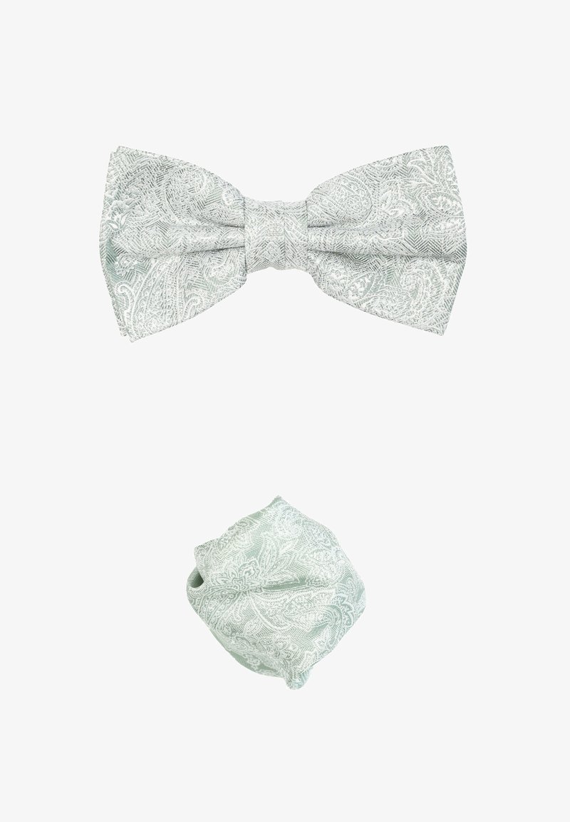 Hellgrün gemusterte Fliege mit Paisleymotiv und ein passendes Einstecktuch, beide aus strukturierter Stoff mit einem symmetrischen Design.