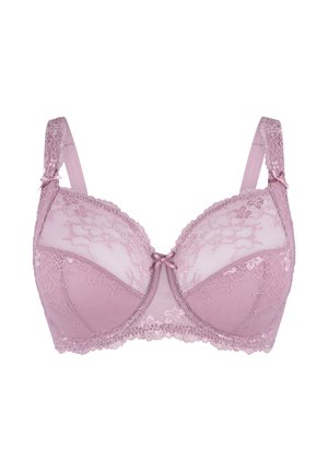 Soutien-gorge en dentelle d'un doux mauve avec des motifs floraux texturés, soutien-gorge à armatures, panneaux en maille et bretelles réglables. Décoré d'un petit nœud.