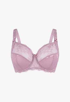 Soutien-gorge en dentelle d'un doux mauve avec des motifs floraux texturés, soutien-gorge à armatures, panneaux en maille et bretelles réglables. Décoré d'un petit nœud.