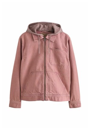 Poros rózsaszín cipzáras dzseki, rögzített kapucnival, bal oldalon mellzsebbel, két elülső kézmelegítő zsebbel és hosszú ujjakkal.
