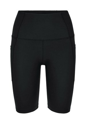 Schwarze, kniehohe Sportshorts mit hohem Bund, seitlichen Taschen und sichtbaren Nähten, geeignet für Sport- oder Freizeitkleidung.