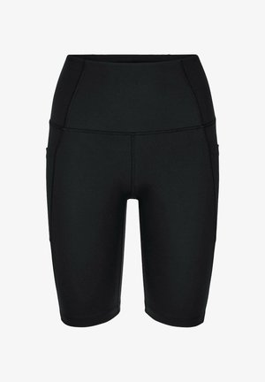 Schwarze, kniehohe Sportshorts mit hohem Bund, seitlichen Taschen und sichtbaren Nähten, geeignet für Sport- oder Freizeitkleidung.