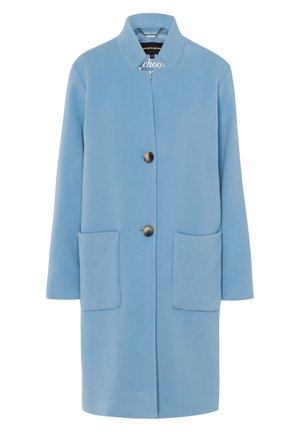 Light blue wool coat with long sleeves, two front patch pockets, a high collar, and two visible buttons down the front.