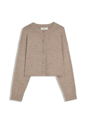 Beige cropped knit cardigan with long sleeves, ribbed cuffs, round neckline, and front button closure.