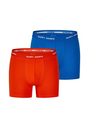 Two pairs of boxer shorts: one vibrant orange and one bright blue. Each features a stretchy waistband with "HAPPY SHORTS" in white text.
