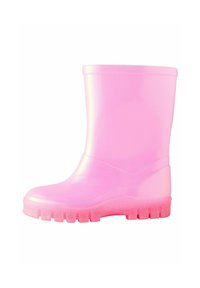 Stivale da pioggia in gomma rosa traslucido con finitura testurizzata, punta rotonda e suola glitterata rosa. Asta dritta e senza componenti visibili.