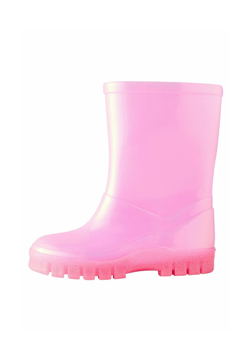 Stivale da pioggia in gomma rosa traslucido con finitura testurizzata, punta rotonda e suola glitterata rosa. Asta dritta e senza componenti visibili.