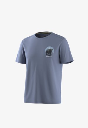 Men's blue short-sleeve t-shirt with bear graphic under crescent moon and "Smartwool" text on left chest.