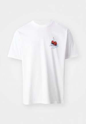White cotton t-shirt featuring a red cherry graphic with green leaves and blue text on the left chest. Short sleeves and crew neckline.