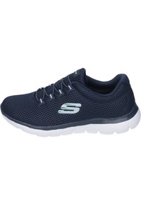 Navy mesh athletic shoe with white rubber sole, featuring light blue accents, round toe, and lace-up closure. Breathable design and textured upper.