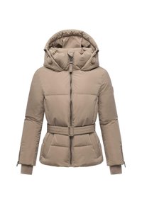Beige gewatteerde jas met een capuchon, voorkant rits en riem. Voorzien van gestikte panelen en twee zijzakken. Zachte, gladde textuur.