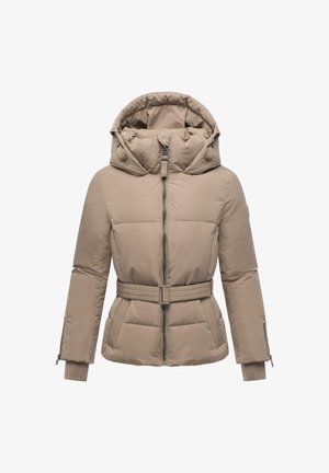 Šviesiai rudos pūkinės striukės su gobtuvu, priekyje užtrauktuku ir diržu. Savybė - siuvinėtos panelės ir dvi šoninės kišenės. Minkšta, lygi tekstūra.