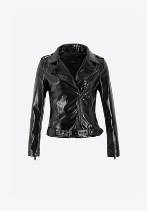 Czarna skórzana kurtka motocyklowa z błyszczącym wykończeniem, zamek błyskawiczny z przodu, asymetryczny fason, naramienniki oraz dekoracyjne ćwieki.