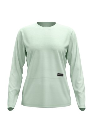 Mintgrünes Langarmshirt aus weichem Material, mit rundem Hals, lockerer Passform, horizontaler Naht und einem kleinen schwarzen Logoetikett.