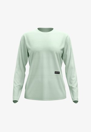 Mintgrünes Langarmshirt aus weichem Material, mit rundem Hals, lockerer Passform, horizontaler Naht und einem kleinen schwarzen Logoetikett.
