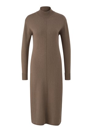 Knit sweater dress in brown, long sleeves, high neck, ribbed cuffs, straight silhouette, mid-calf length, soft texture, minimal seams.