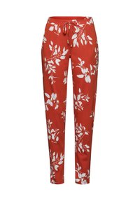 Rode broek met een wit bladerenpatroon, uitgevoerd met een elastische tailleband met een koord, taps toelopende pijpen en een zachte, gladde textuur.