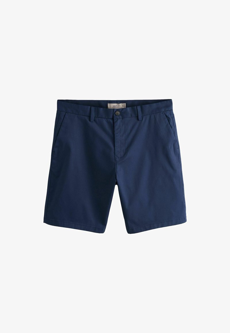 Shorts pour hommes bleu marine avec passants pour ceinture, poches latérales, bouton unique et fermeture éclair, présentés sur fond blanc.