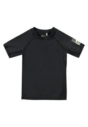 Kortærmet sort rashguard lavet af letvægts, strækbart materiale. Har en rund halsudskæring og en diskret logoaccent på ærmet.