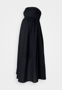 Robe maxi noire sans bretelles avec un corsage ajusté et une jupe plissée. Fabriquée en tissu léger, avec une texture lisse et une silhouette fluide.