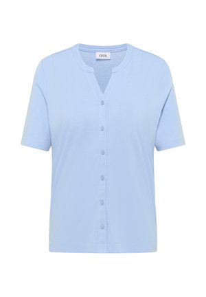 Helligelbes kurzes T-Shirt mit Rundhalsausschnitt, das über eine vordere Knopfleiste und einen glatten Stoff verfügt. Markenlabel: CECIL.