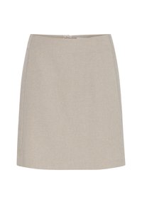 Una gonna beige a metà polpaccio realizzata in tessuto testurizzato con una silhouette aderente, dotata di una chiusura con zip nascosta sul retro.