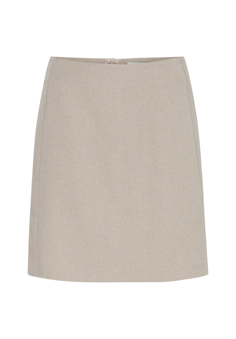 Una gonna beige a metà polpaccio realizzata in tessuto testurizzato con una silhouette aderente, dotata di una chiusura con zip nascosta sul retro.