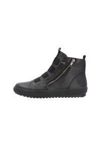 Bottines en cuir noir avec des bandes élastiques, fermeture éclair, finition texturée et semelle en caoutchouc avec un motif.