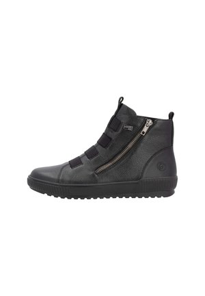 Bottines en cuir noir avec des bandes élastiques, fermeture éclair, finition texturée et semelle en caoutchouc avec un motif.