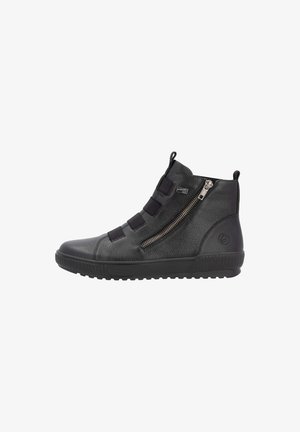 Bottines en cuir noir avec des bandes élastiques, fermeture éclair, finition texturée et semelle en caoutchouc avec un motif.