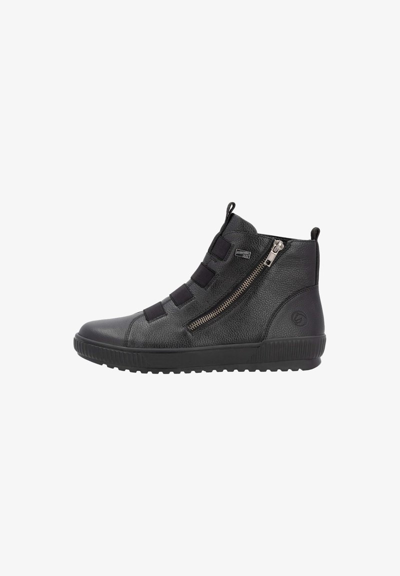 Black leather ankle boots featuring elastic bands, zip closure, a textured finish, and a rubber sole with a patterned tread.