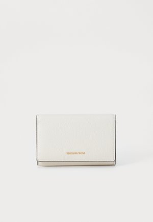 White leather wallet with a textured finish, featuring a gold logo at the front, folded design, and black trim outlining the edges.