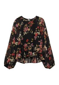 Blouse noire transparente avec de longues manches ballon et un motif floral rouge, rose et vert, avec des volants superposés à l'ourlet.