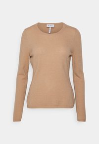 Beige Langarmpullover mit rundem Ausschnitt, gerippter Textur und taillierter Silhouette. Hergestellt aus weichem, leichtem Material.